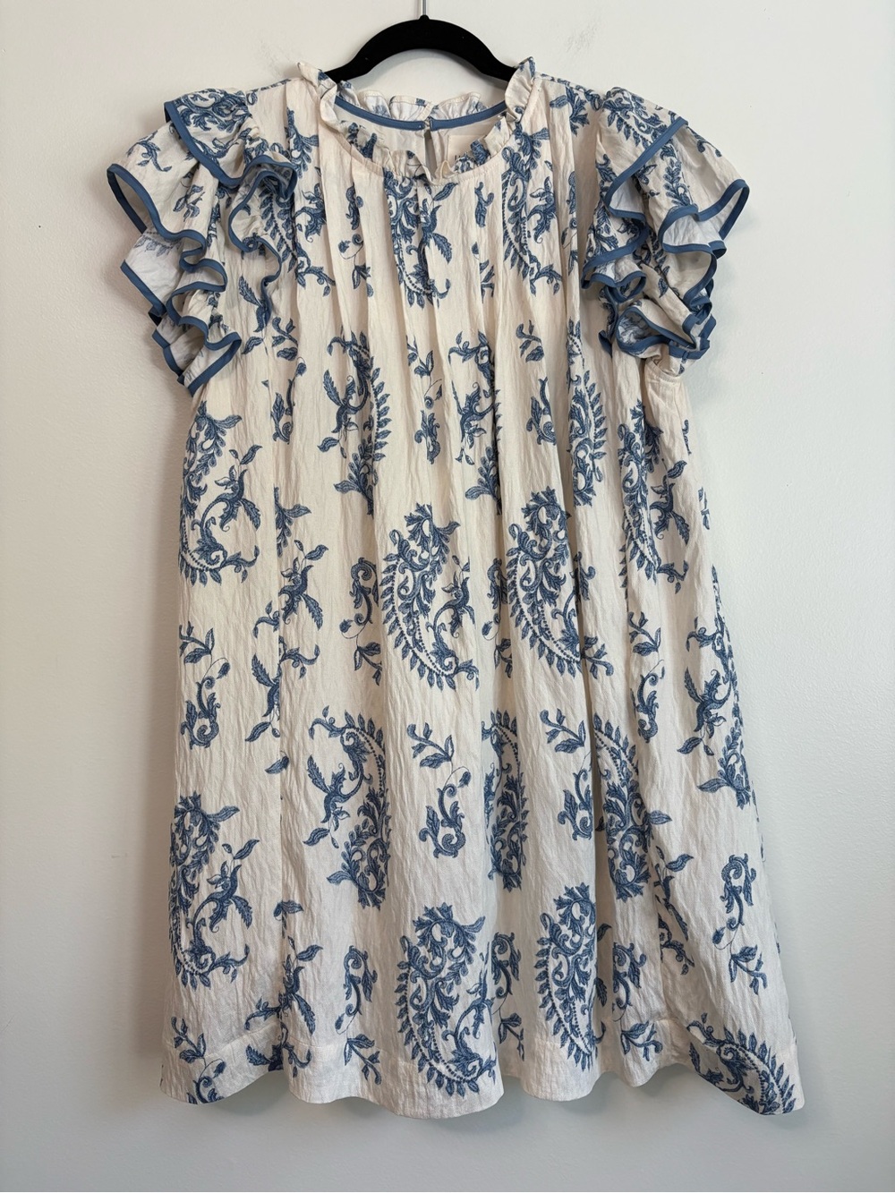 Umgee Cream and Blue Floral Mini Dress with Ruffled Sleeves